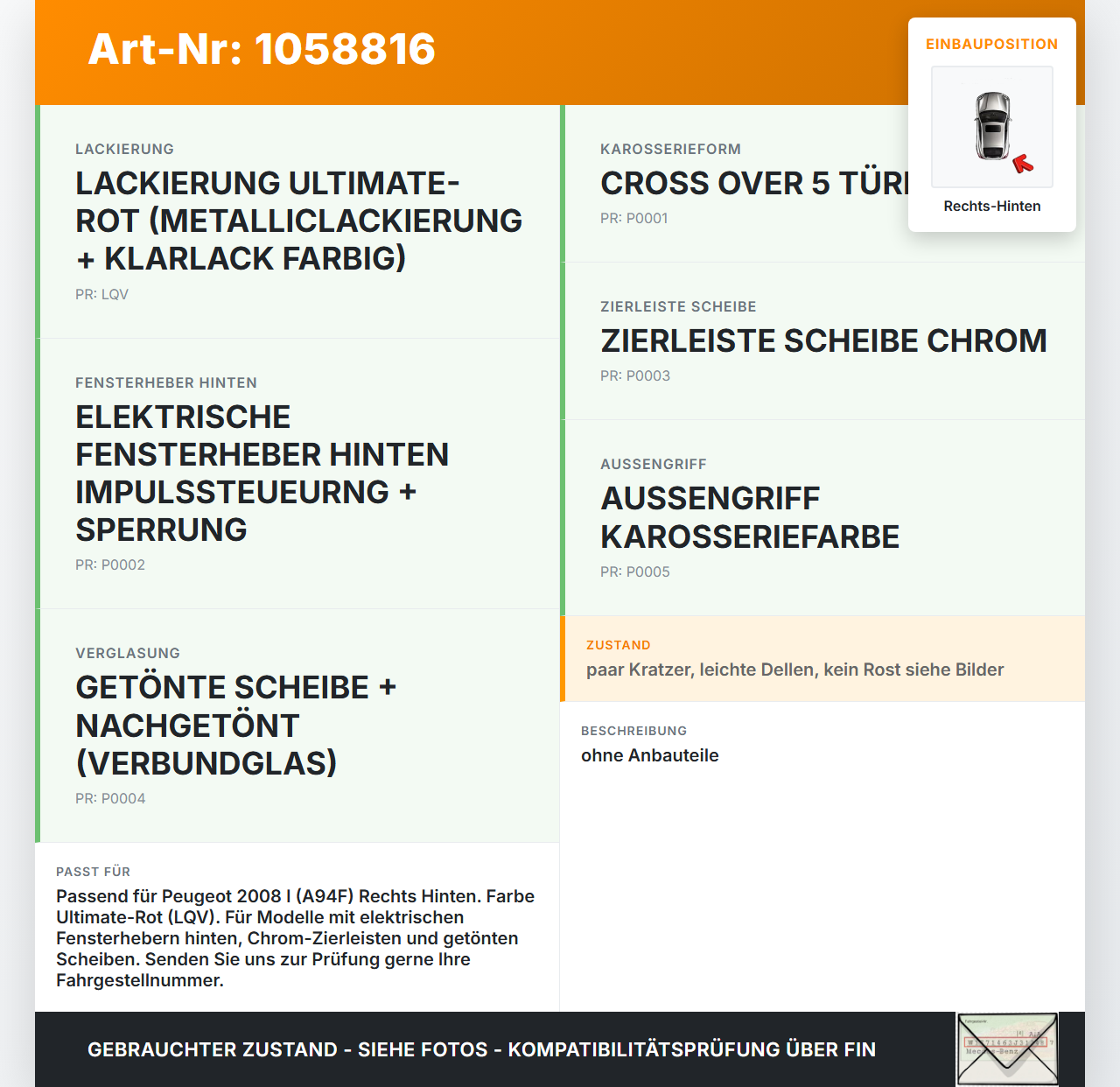 Peugeot 2008 I 13-19 Tür Rechts Hinten LQV Peugeot 2008 I 13-19 01.12.2016 gebraucht Vorschau 3