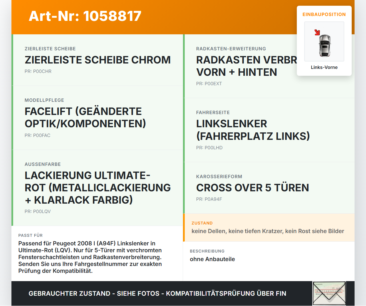 Peugeot 2008 I 13-19 Tür Fahrertür Links Vorne LQV Peugeot 2008 I 13-19 01.12.2016 gebraucht Vorschau 3
