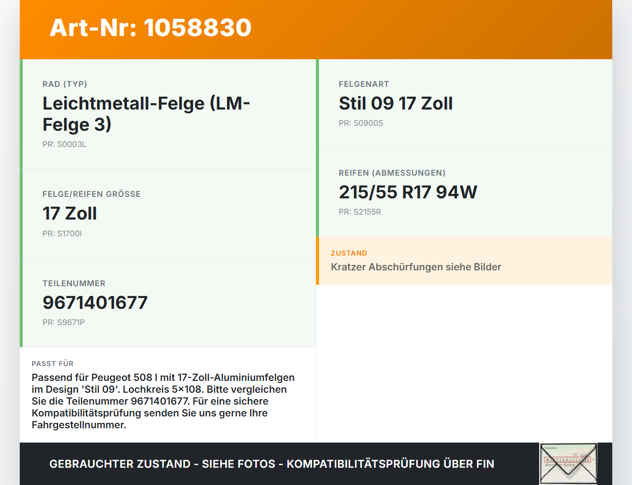 Peugeot 508 I 8D 10-14 1 x Felge Aluminiumfelge 17 Zoll 5X108 Peugeot 508 I 8D 10-14 20.11.2012 9671401677 gebraucht Vorschau 3