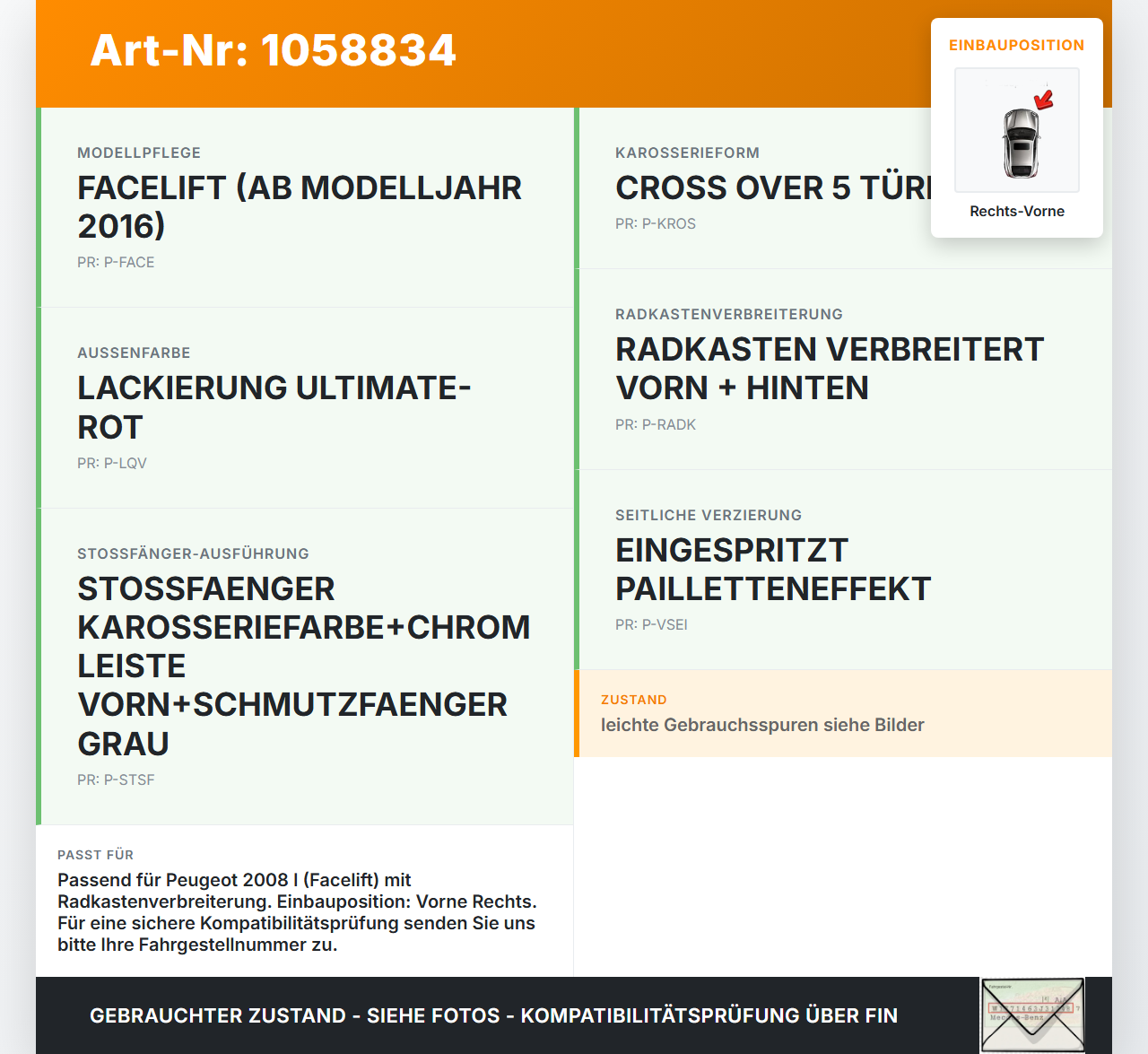 Peugeot 2008 I 13-19 Leiste Zierleiste für Kotflügel Rechts Vorne LQV Peugeot 2008 I 13-19 01.12.2016 112351A2 gebraucht Vorschau 3