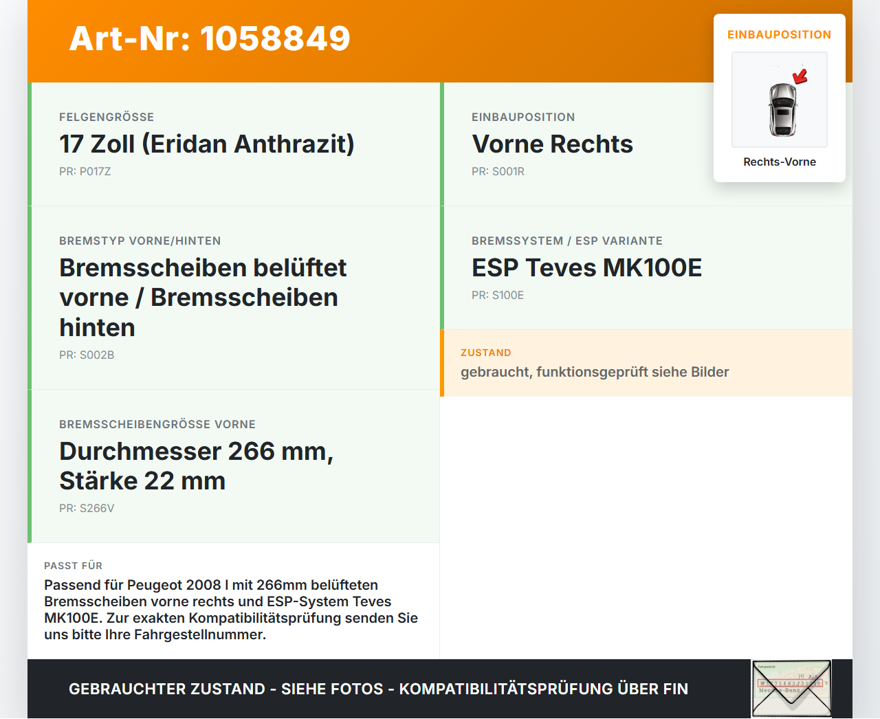 Peugeot 2008 I 13-19 HDI 1,6 73KW Bremssattel Bremszange Vorne Rechts Peugeot 2008 I 13-19 01.12.2016 Y01132 gebraucht Vorschau 3
