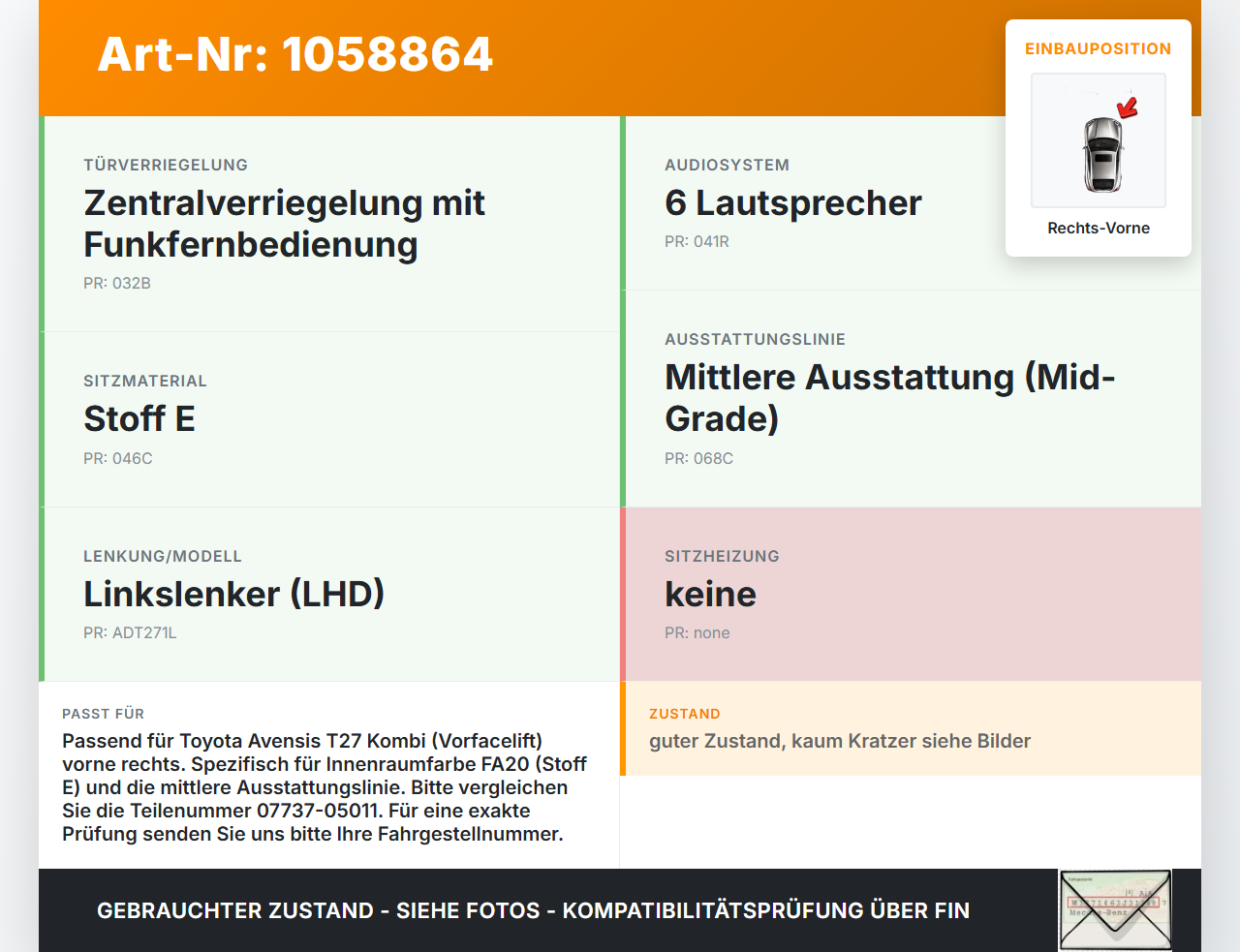 Toyota Avensis T27 08-11 Kombi Türverkleidung Türpappe Rechts Vorne Toyota Avensis T27 08-11 07.09.2011 07737-05011... Vorschau 3