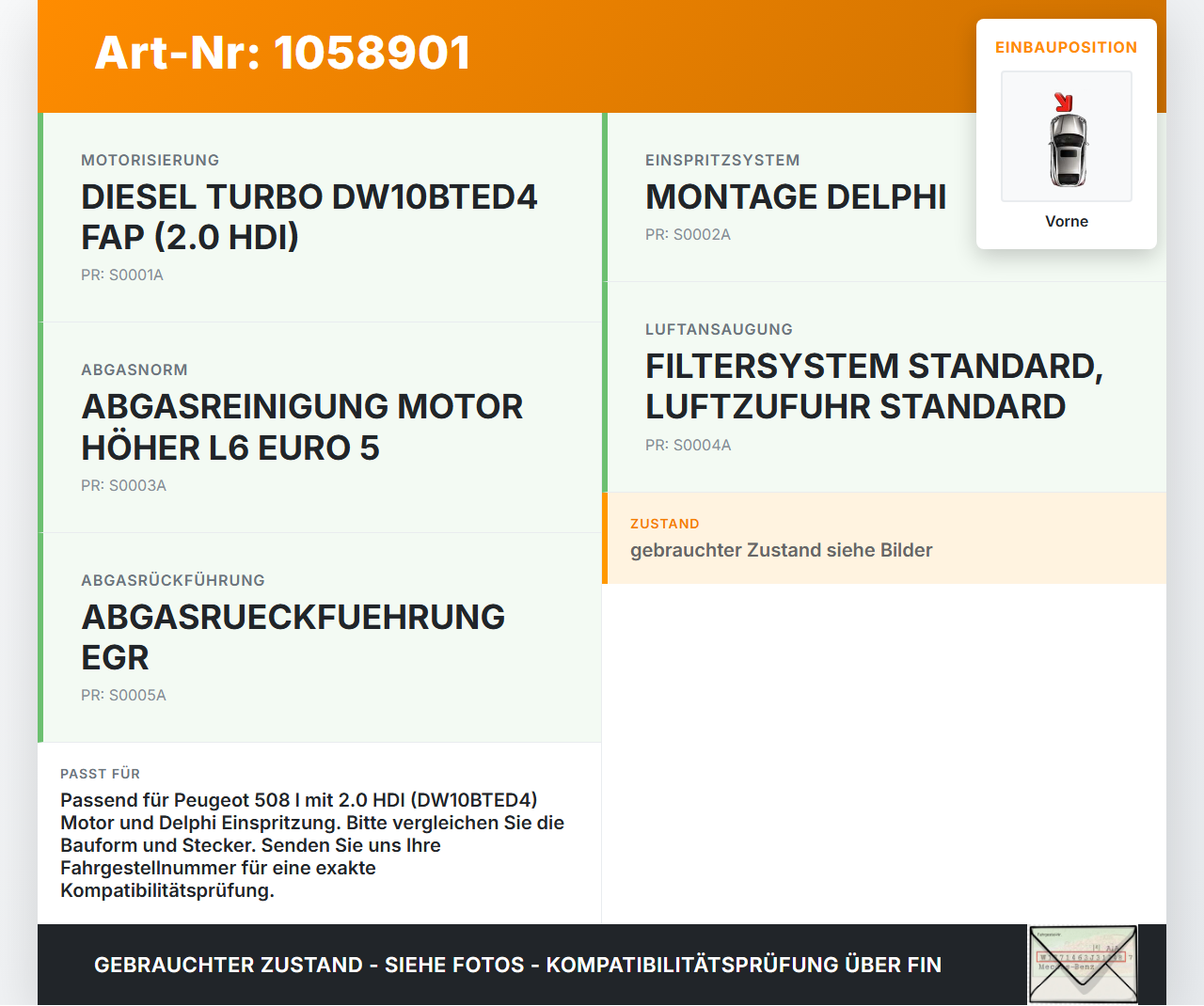 Peugeot 508 I 8D 10-14 HDI 2,0 103KW Luftmassenmesser Vorne Pos.2 Peugeot 508 I 8D 10-14 20.11.2012 9645943980... Vorschau 3