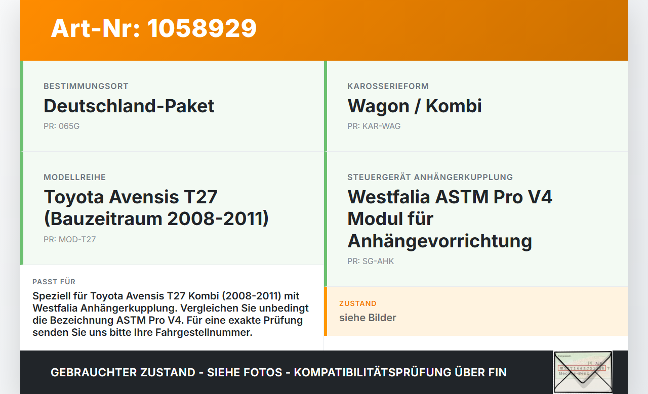 Toyota Avensis T27 08-11 Steuergerät SG ASTM Pro V4 Westfalia Toyota Avensis T27 08-11 07.09.2011 1.021.150.01 gebraucht Vorschau 3