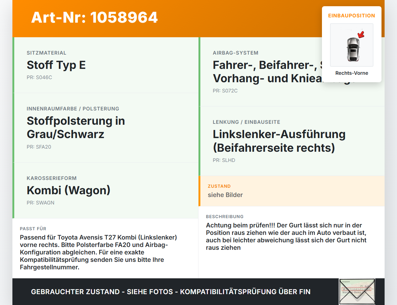 Toyota Avensis T27 08-11 Kombi Gurt Sicherheitsgurt Gurtstraffer Beifahrer Rechts Vorne Toyota Avensis T27 08-11... Vorschau 3