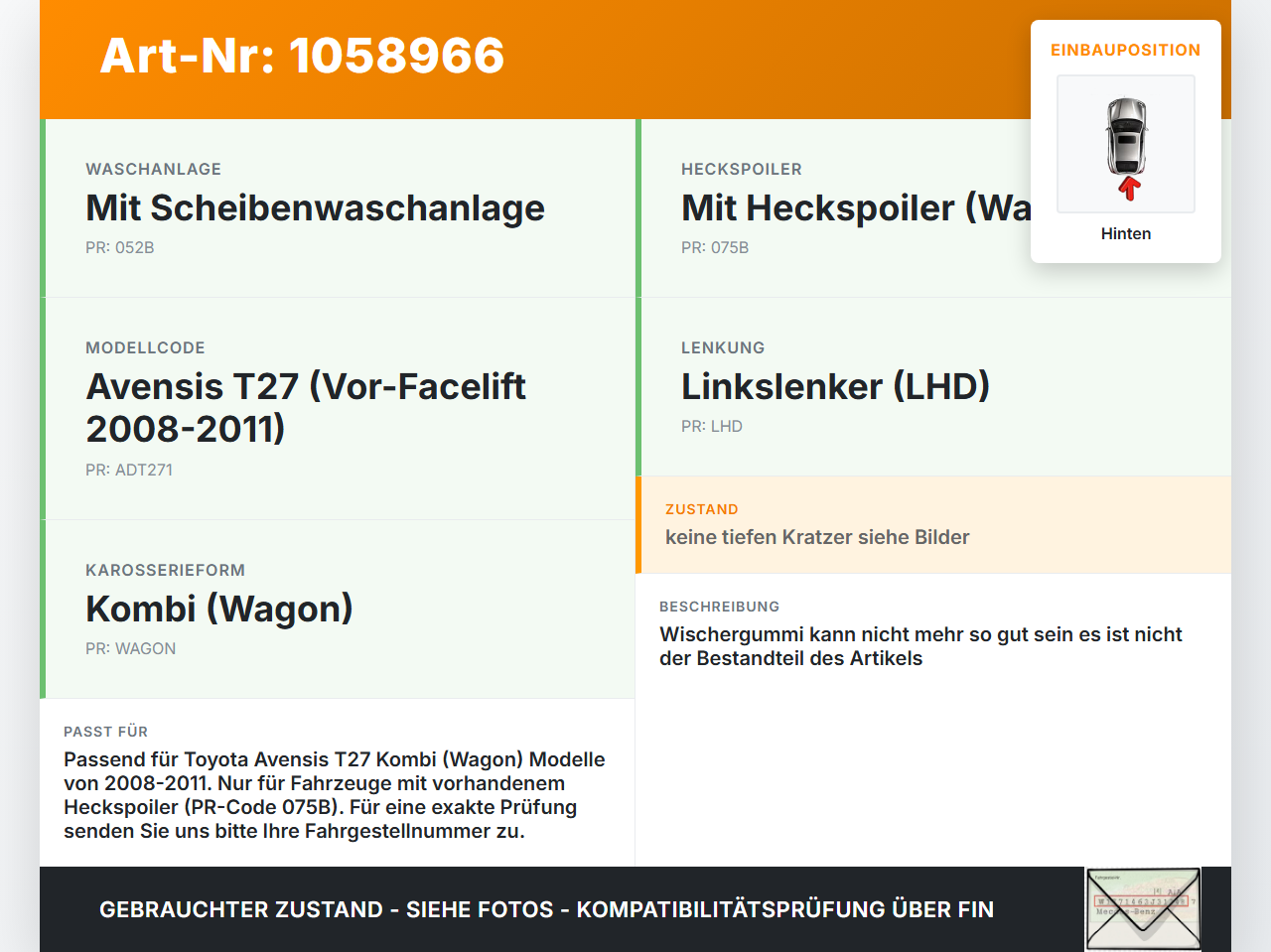 Toyota Avensis T27 08-11 Kombi Heckwischer Scheibenwischer Hinten Wischarm Toyota Avensis T27 08-11 07.09.2011 gebraucht Vorschau 3