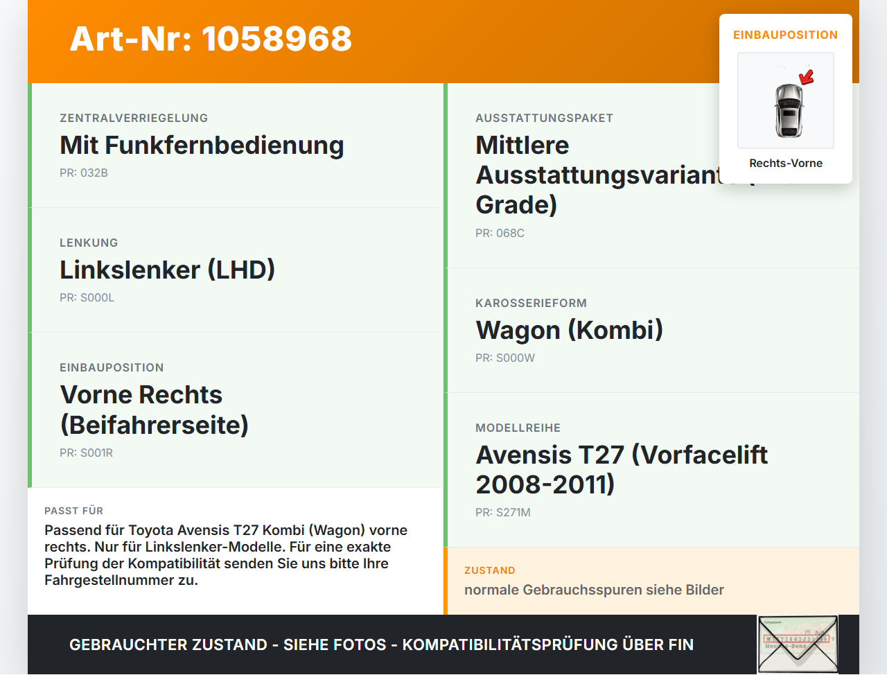 Toyota Avensis T27 08-11 Kombi Türfangband Türbremse Türanschlag Rechts Vorne Toyota Avensis T27 08-11 07.09.2011... Vorschau 3