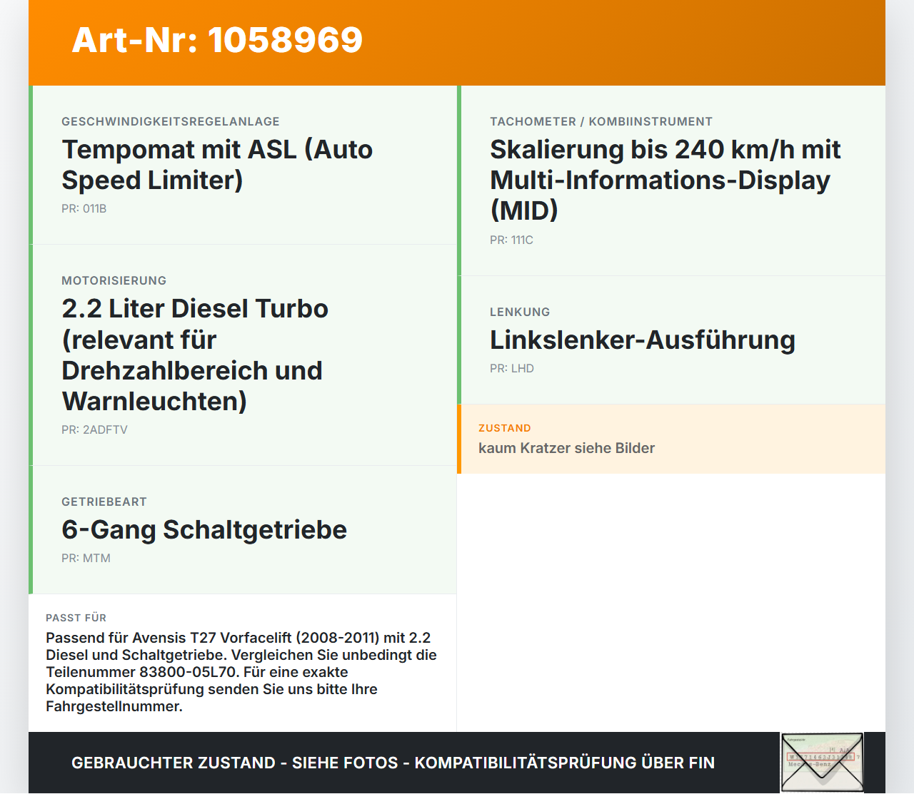 Toyota Avensis T27 08-11 2,2 110KW Kombiinstrument Tacho Toyota Avensis T27 08-11 07.09.2011 83800-05L70... Vorschau 3