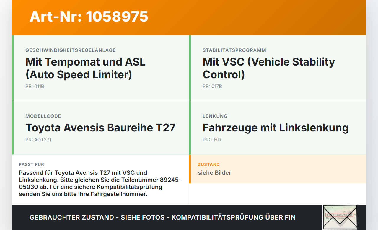 Toyota Avensis T27 08-11 Lenkwinkelsensor Toyota Avensis T27 08-11 07.09.2011 89245-05030 gebraucht Vorschau 3