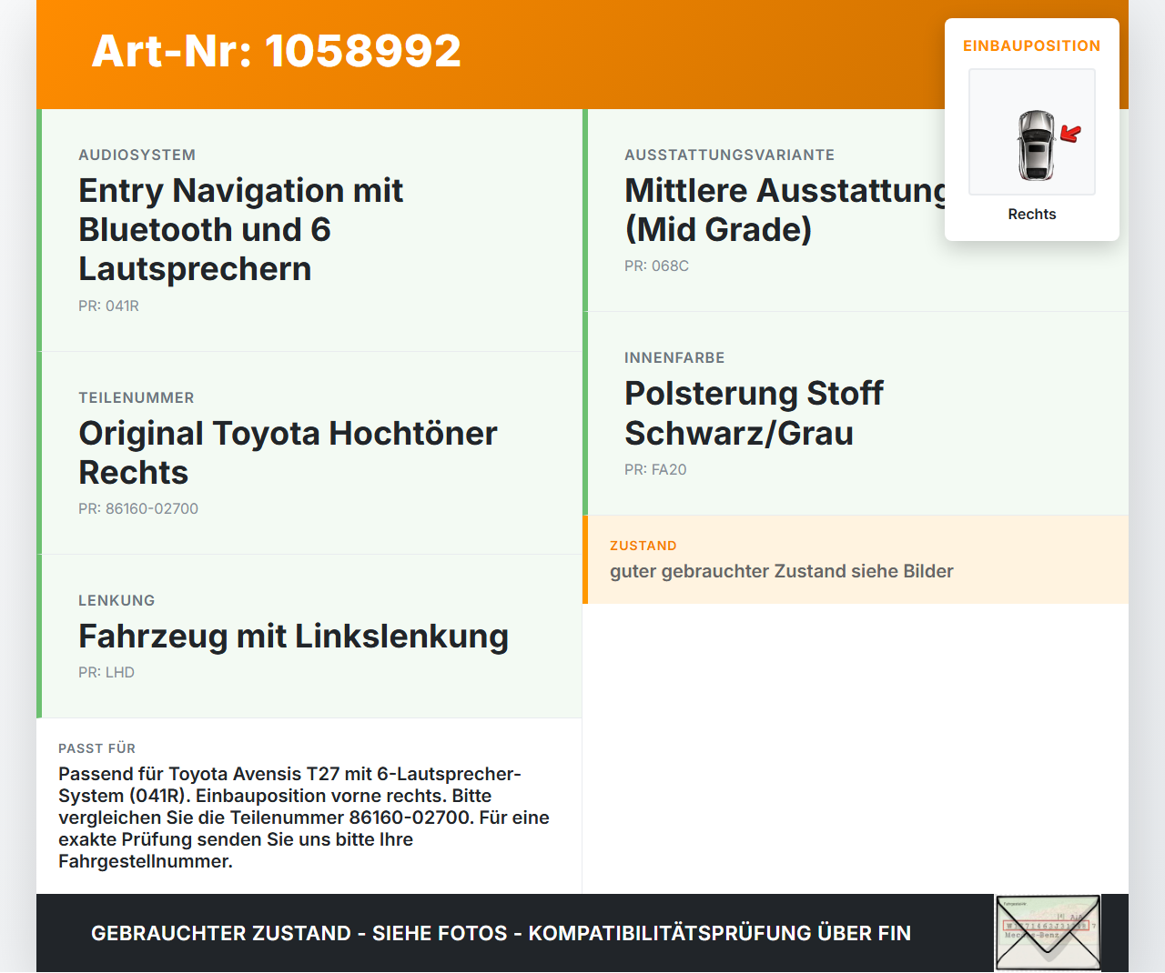 Toyota Avensis T27 08-11 Lautsprecher Hochtöner Rechts Toyota Avensis T27 08-11 07.09.2011 86160-02700 900475490002... Vorschau 3