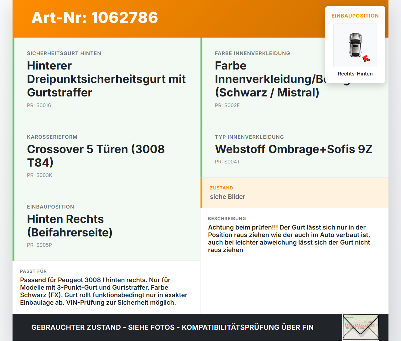 Peugeot 3008 I 0U 13-16 Mehrzweckfahrzeug Gurt Sicherheitsgurt Rechts Hinten Peugeot 3008 I 0U 13-16 02.01.2012... Vorschau 3