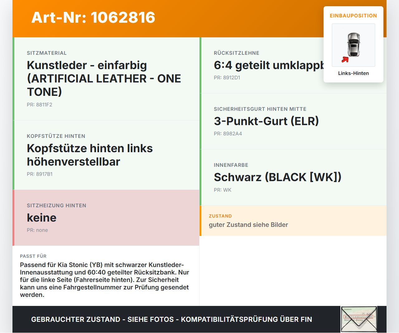 KIA Stonic YB 17-20 Sitzbezug Rücksitzlehne Links für Rücksitzbank Hinten KIA Stonic YB 17-20 09.12.2019... Vorschau 3
