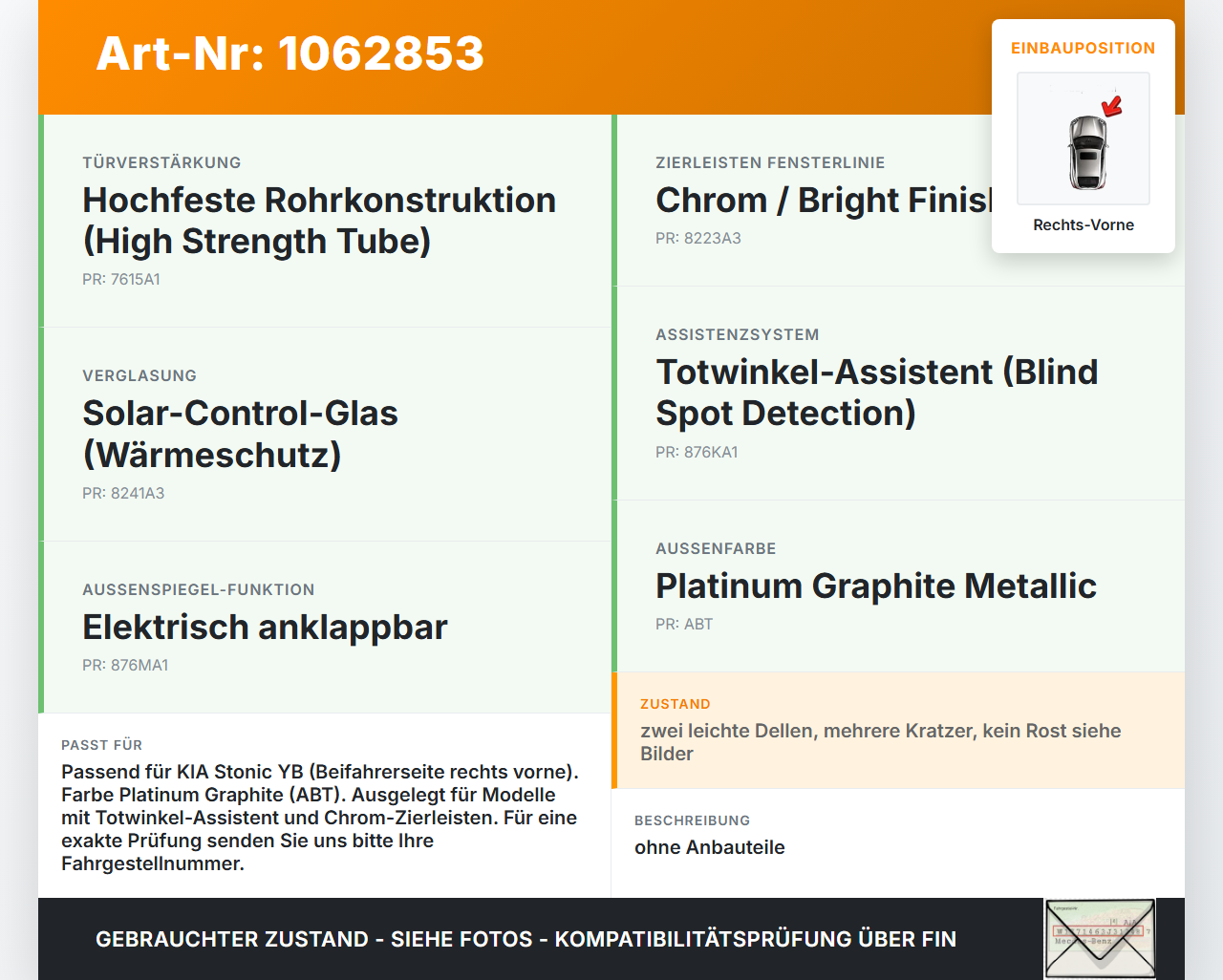 KIA Stonic YB 17-20 Tür Beifahrertür Rechts Vorne ABT KIA Stonic YB 17-20 09.12.2019 76004H8000 76004H-8000 gebraucht Vorschau 3