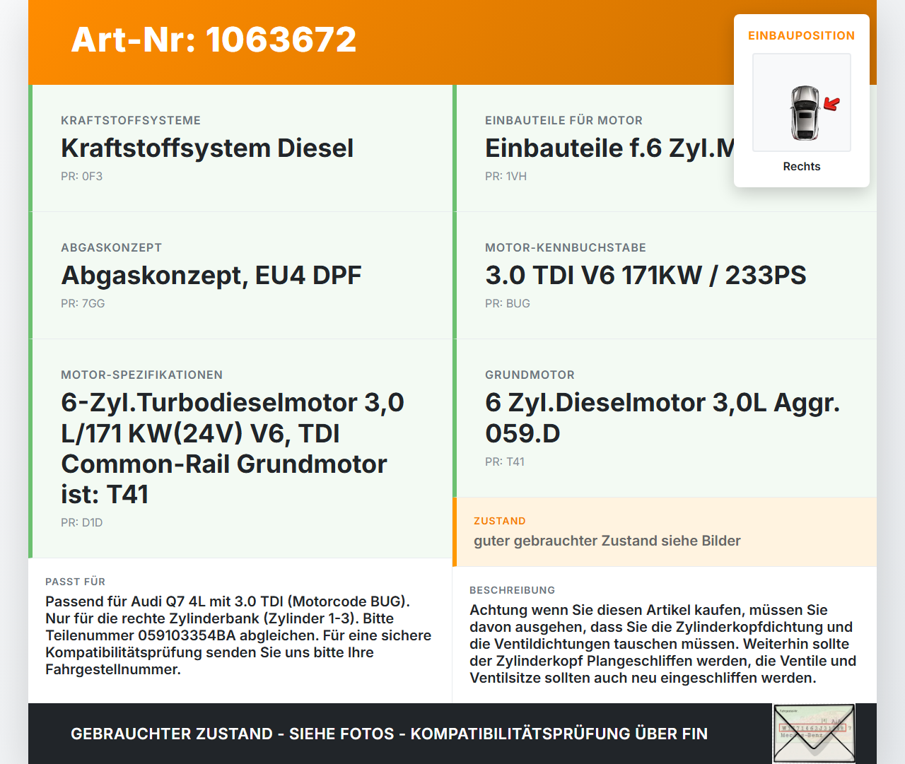 Audi Q7 4L 05-09 TDI 3,0 171KW BUG Zylinderkopf Rechts 1-3 Audi Q7 4L 05-09 26.06.2007 059103063CQ 1059354BA gebraucht Vorschau 3