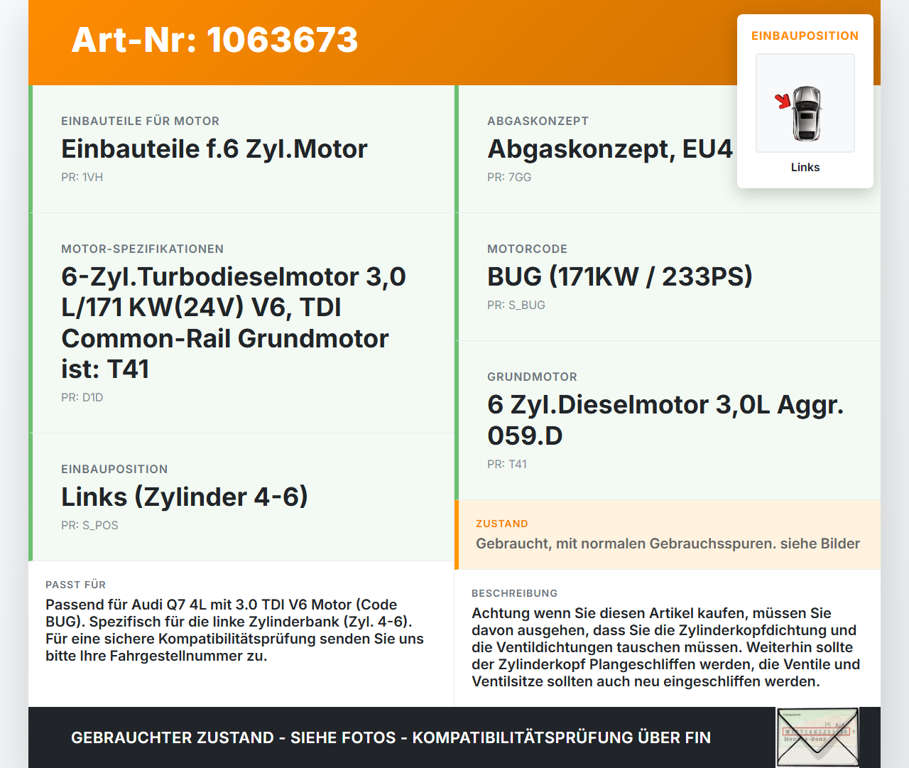 Audi Q7 4L 05-09 TDI 3,0 171KW BUG Zylinderkopf Links 4-6 Audi Q7 4L 05-09 26.06.2007 059103064CK 1059353BE gebraucht Vorschau 3