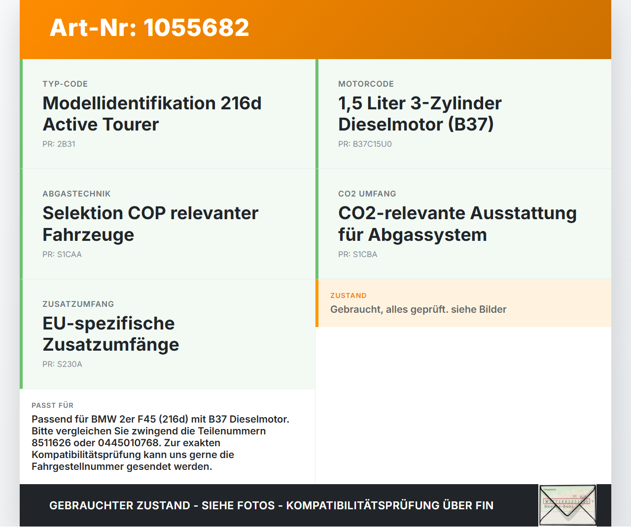 BMW F45 14-18 1,5 85KW Einspritzpumpe Hochdruckpumpe BMW F45 14-18 22.11.2017 13518511626 8511626 0445010768 gebraucht Vorschau 3