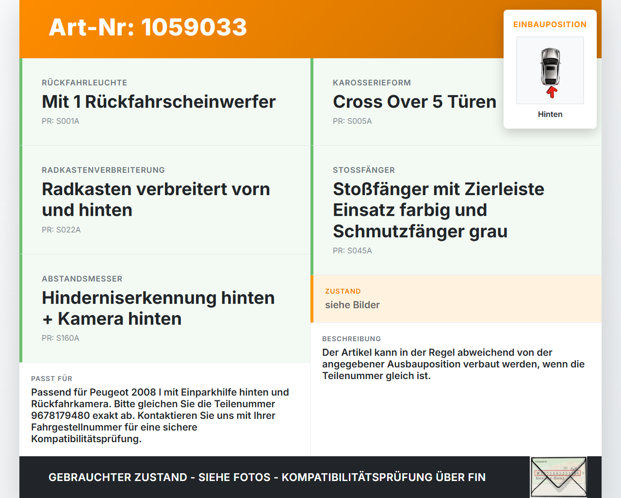 Peugeot 2008 I 13-19 PDC Kabelbaum Pos.1 Hinten Peugeot 2008 I 13-19 01.12.2016 9678179480 gebraucht Vorschau 3