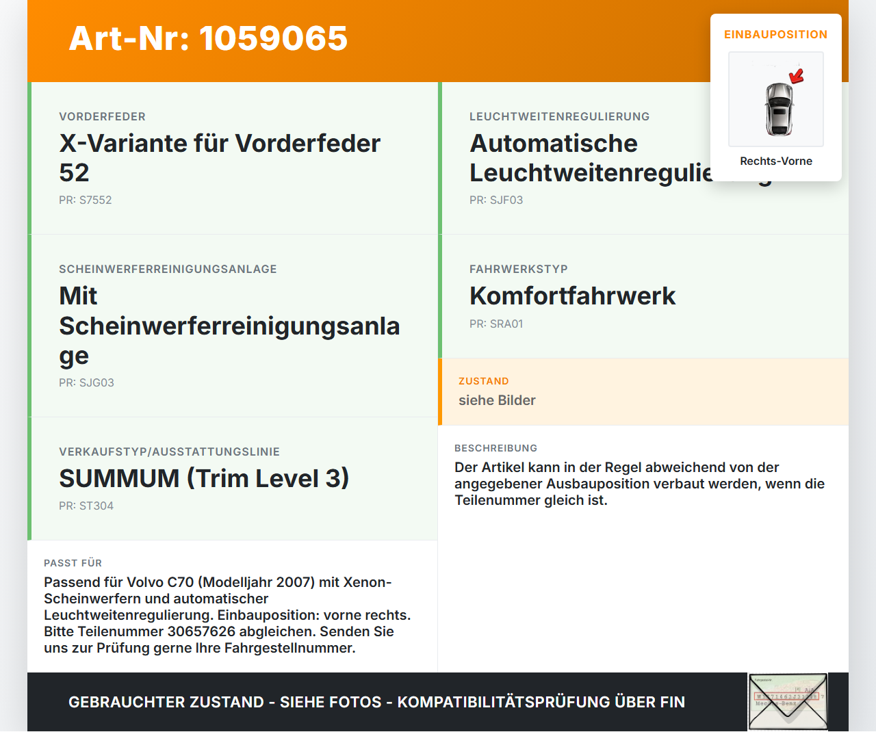 Volvo C70 542 06-09 Niveausensor Xenon LWR Sensor Neigung Rechts Vorne Volvo C70 542 06-09 01.06.2007 30657626 gebraucht Vorschau 3