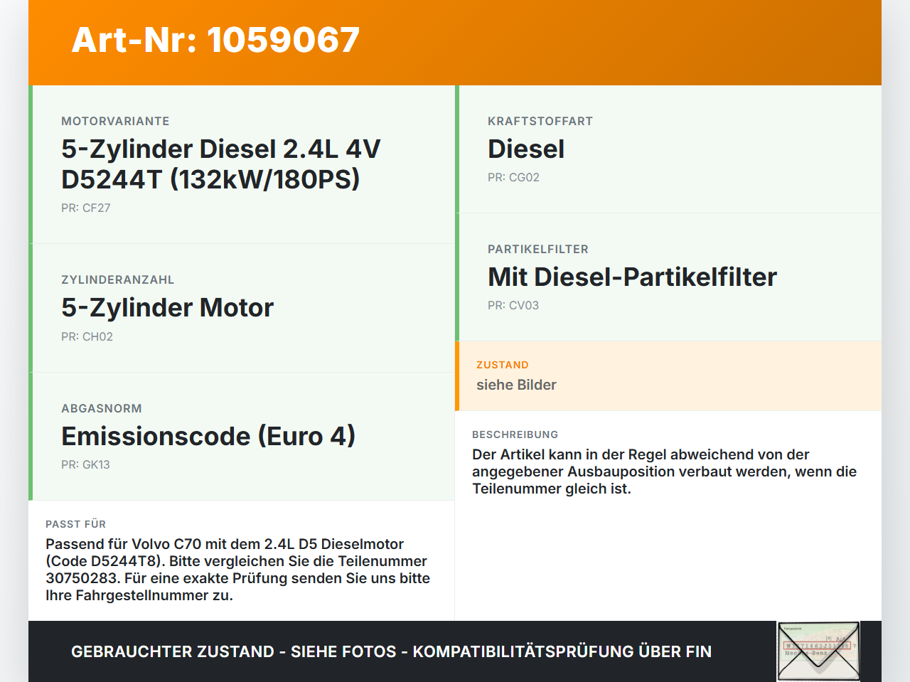Volvo C70 542 06-09 2,4 132KW Injektor Einspritzdüse Pos.2 Volvo C70 542 06-09 01.06.2007 0445110251 30750283 gebraucht Vorschau 3