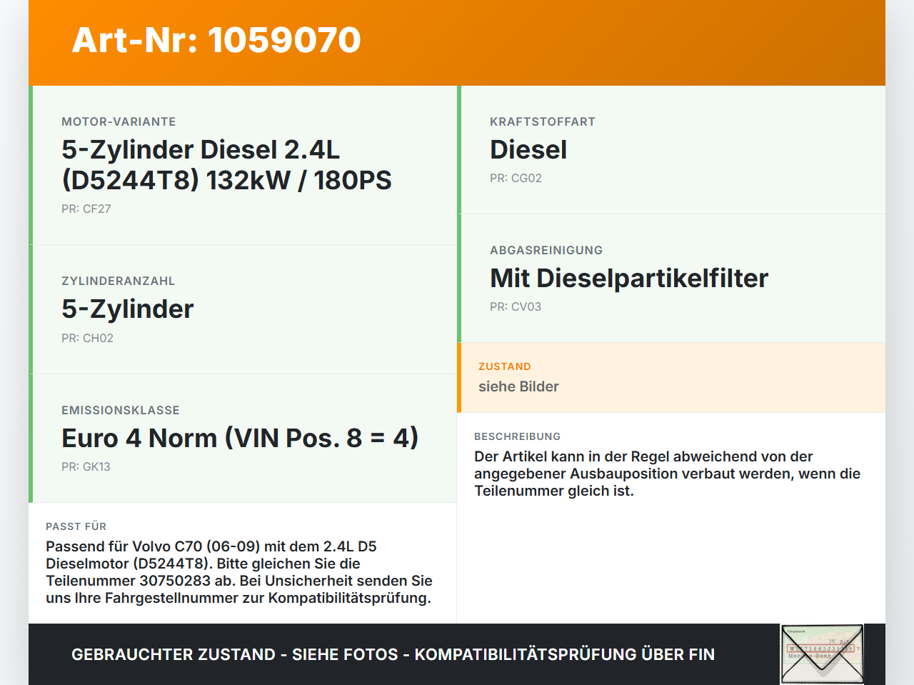 Volvo C70 542 06-09 2,4 132KW Injektor Einspritzdüse Pos.4 Volvo C70 542 06-09 01.06.2007 30750283 0445110251 gebraucht Vorschau 3