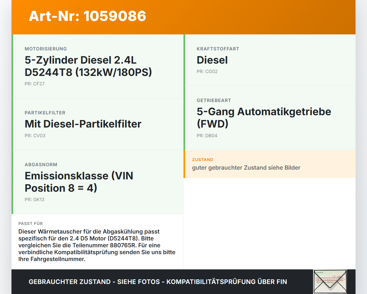 Volvo C70 542 06-09 2,4 132KW Abgaskühlung Wärmetauscher Volvo C70 542 06-09 01.06.2007 5.00864.03 880765R gebraucht Vorschau 3