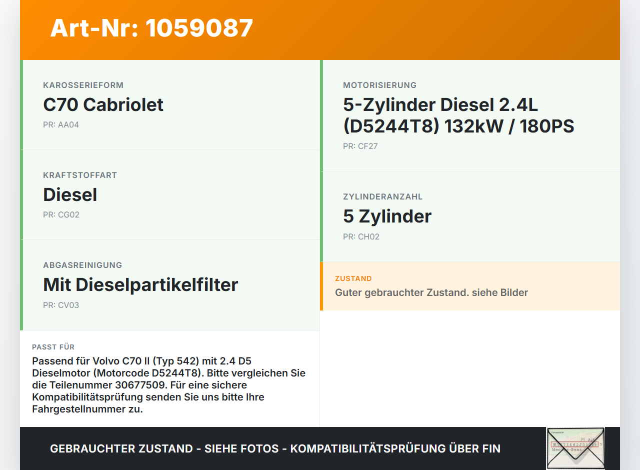 Volvo C70 542 06-09 2,4 132KW D5244T8 Nockenwelle Einlass Volvo C70 542 06-09 01.06.2007 30677509 430591562 gebraucht Vorschau 3