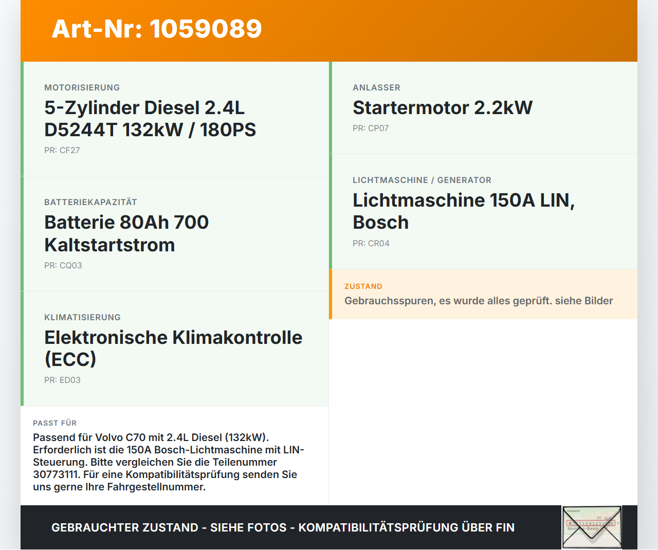 Volvo C70 542 06-09 2,4 132KW Lichtmaschine Generator Volvo C70 542 06-09 01.06.2007 30773111 0121615014 gebraucht Vorschau 3