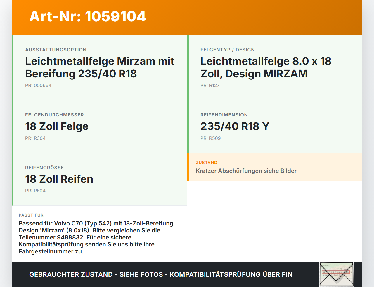 Volvo C70 542 06-09 1 x Felge Aluminiumfelge 18 Zoll 5X108 Volvo C70 542 06-09 01.06.2007 9488832 gebraucht Vorschau 3