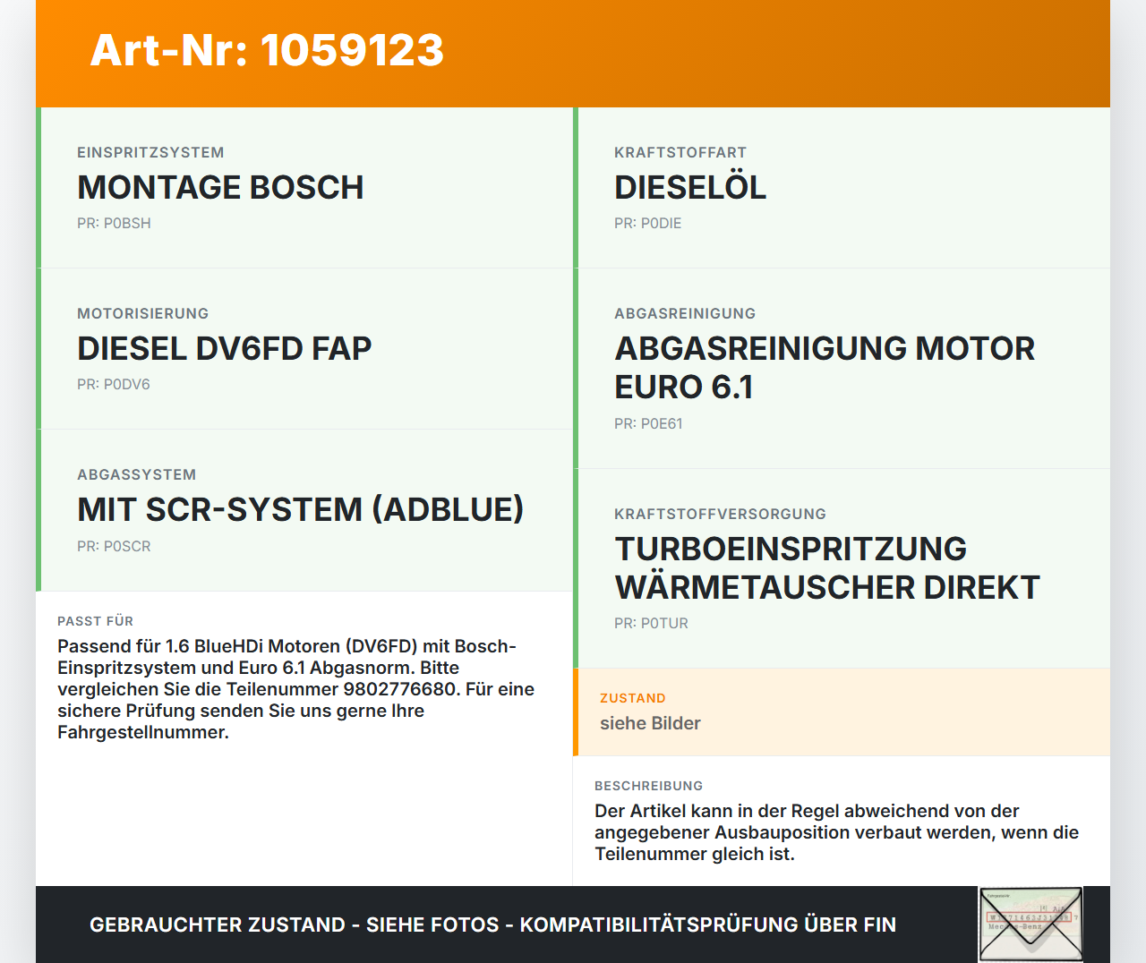 Peugeot 2008 I 13-19 HDI 1,6 73KW Injektor Einspritzdüse Zyl.4 Peugeot 2008 I 13-19 01.12.2016 0445110566 gebraucht Vorschau 3