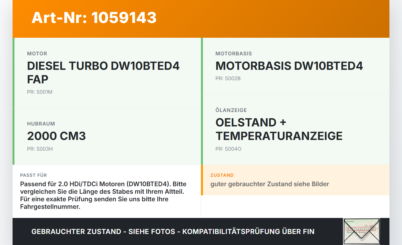 Peugeot 508 I 8D 10-14 HDI 2,0 103KW DW10BTED4 Ford Mondeo IV BA7 07-10 2,0 TDCi 103KW D4204T Ölmessstab Öl Stab... Vorschau 3