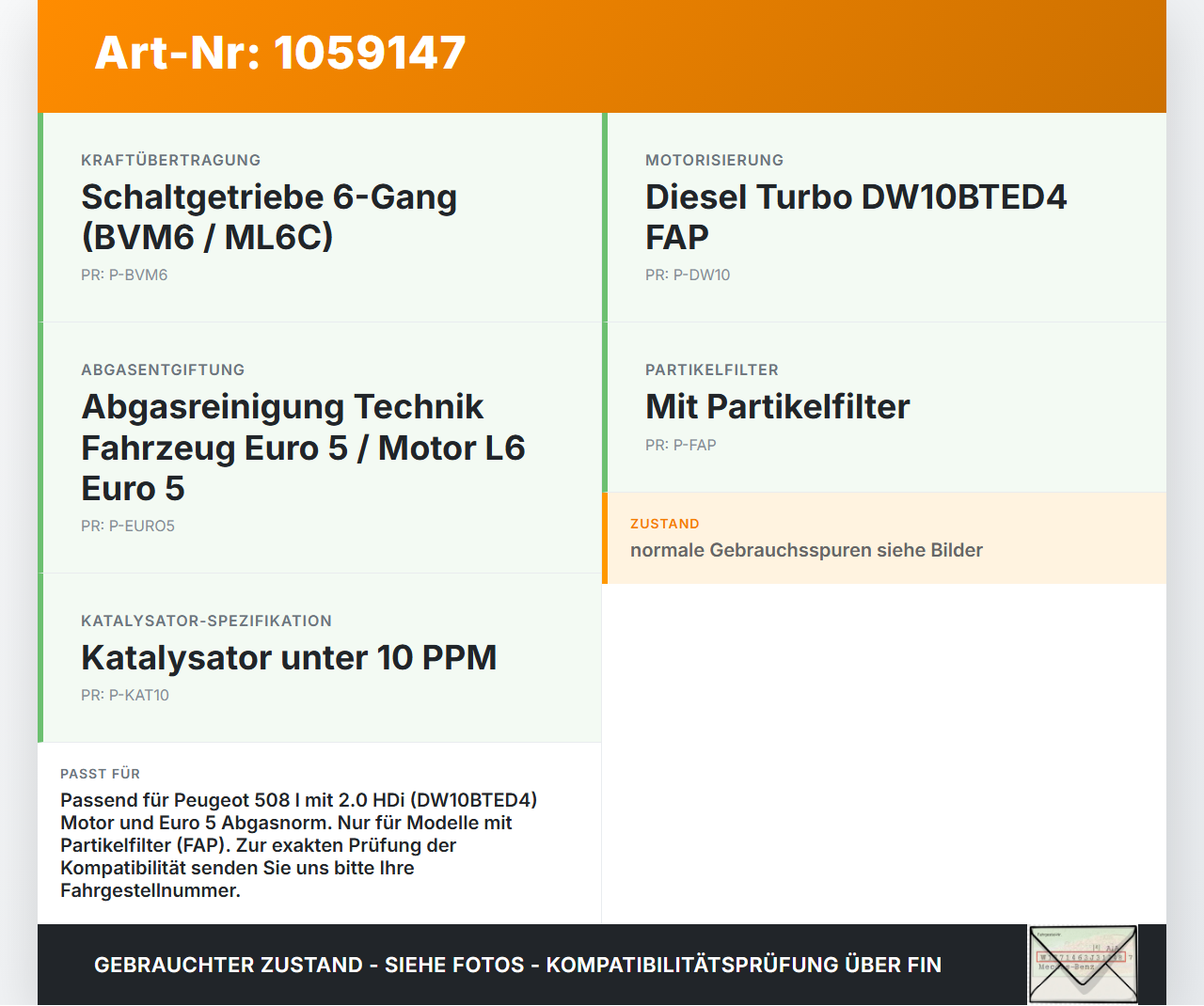 Peugeot 508 I 8D 10-14 HDI 2,0 103KW Katalysator Kat Peugeot 508 I 8D 10-14 20.11.2012 2962811 08RNZ12 gebraucht Vorschau 3