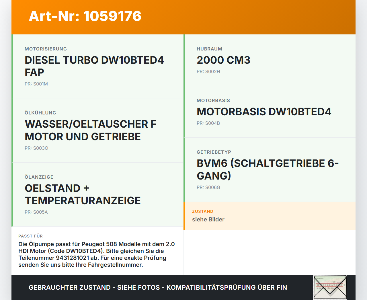 Peugeot 508 I 8D 10-14 HDI 2,0 103KW DW10BTED4 Ölpumpe Peugeot 508 I 8D 10-14 20.11.2012 9431281021 gebraucht Vorschau 3