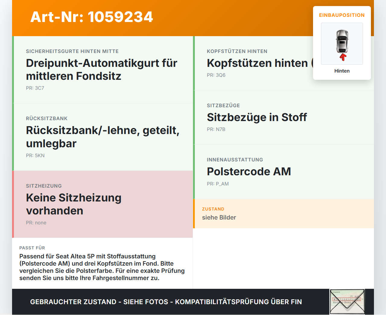 Seat Altea 5P 04-09 Kopfstütze Mitte Hinten Seat Altea 5P 04-09 21.11.2007 gebraucht Vorschau 3