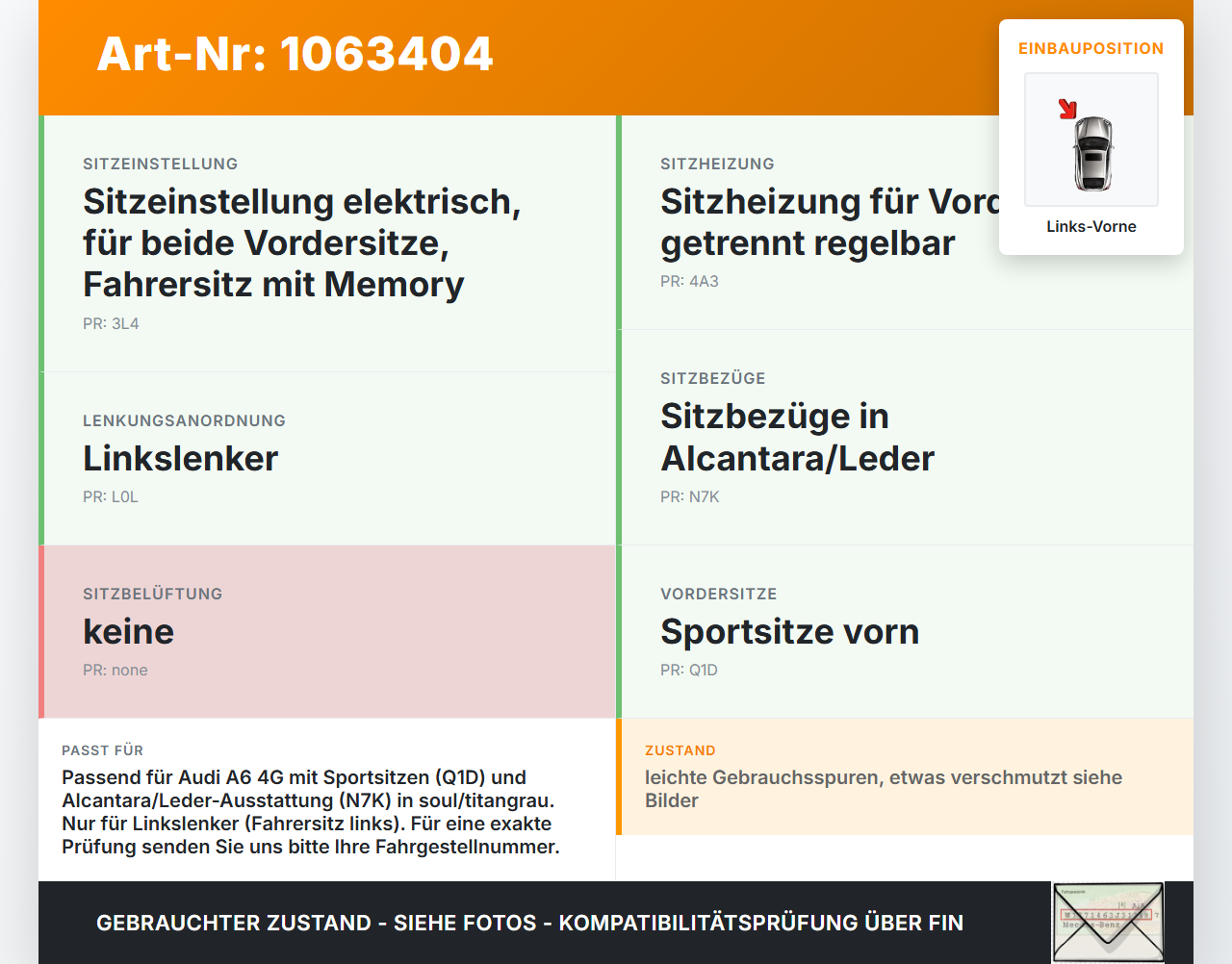 Audi A6 4G C7 11-14 qu Kombi Sitzbezug Sitzpolster für Fahrersitz Sitz Links Vorne beheizt belüftbar Audi A6 4G C7... Vorschau 3