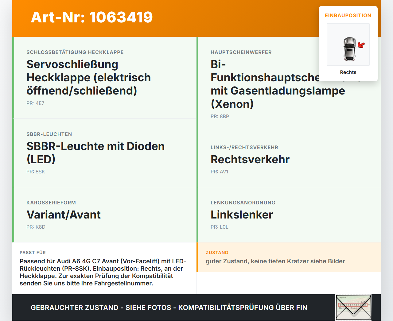 Audi A6 4G C7 11-14 qu Kombi Rückleuchte Heckleuchte für Klappe Rechts Audi A6 4G C7 11-14 qu 31.01.2012 4G9945094B... Vorschau 3