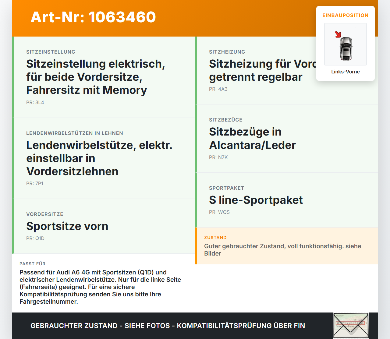 Audi A6 4G C7 11-14 qu Kombi Rückenlehne mit Stellmotoren Lendenwirbelstütze Sitz Links Vorne Audi A6 4G C7 11-14... Vorschau 3