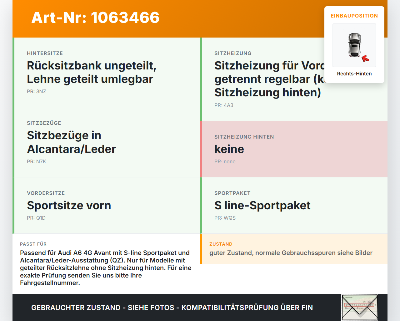 Audi A6 4G C7 11-14 qu Kombi Sitzbezug Rückenpolster Rechts für Rücksitzbank Hinten Audi A6 4G C7 11-14 qu... Vorschau 3