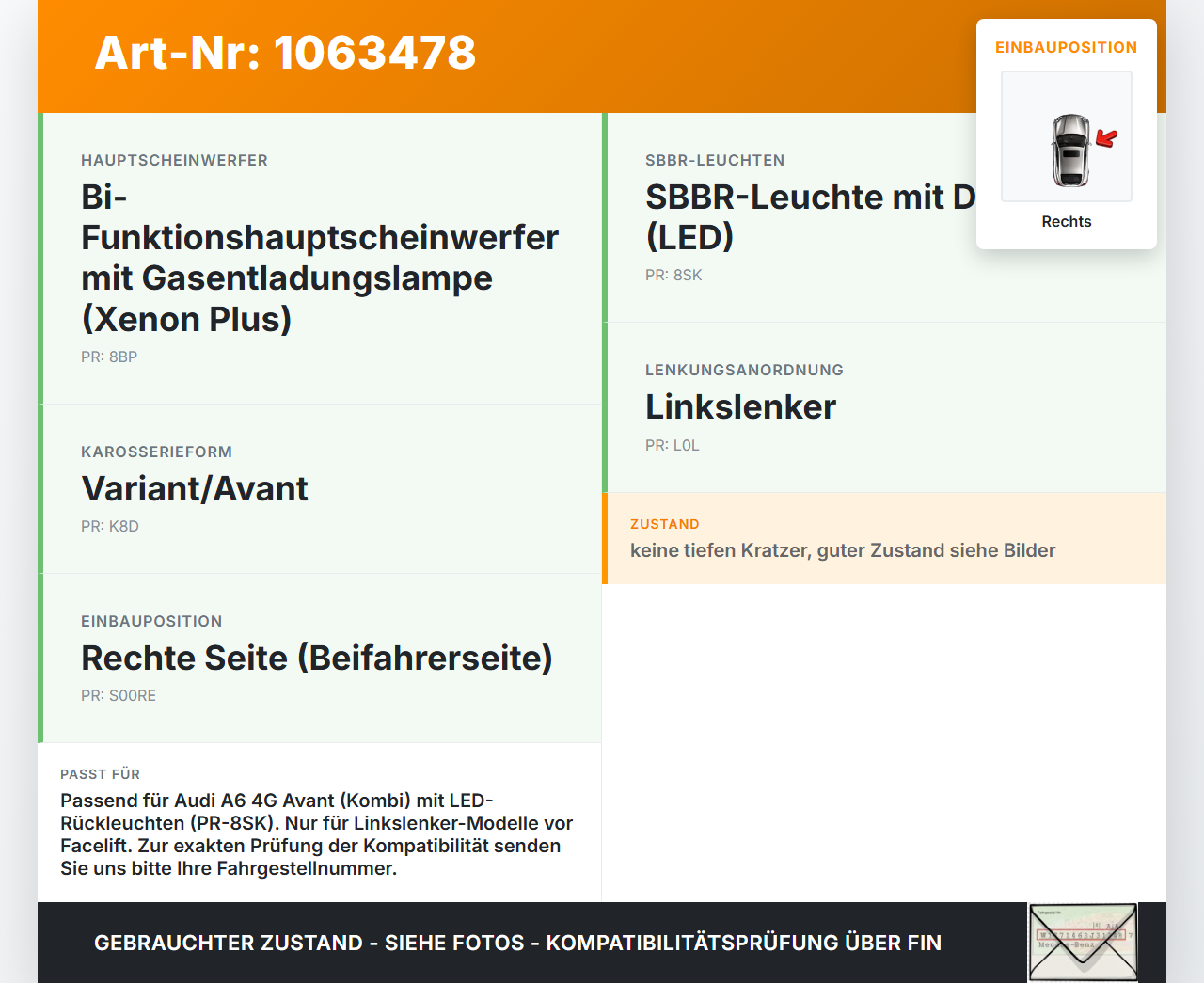Audi A6 4G C7 11-14 qu Kombi Rückleuchte Rücklicht Heckleuchte Rechts orig Audi A6 4G C7 11-14 qu 31.01.2012... Vorschau 3