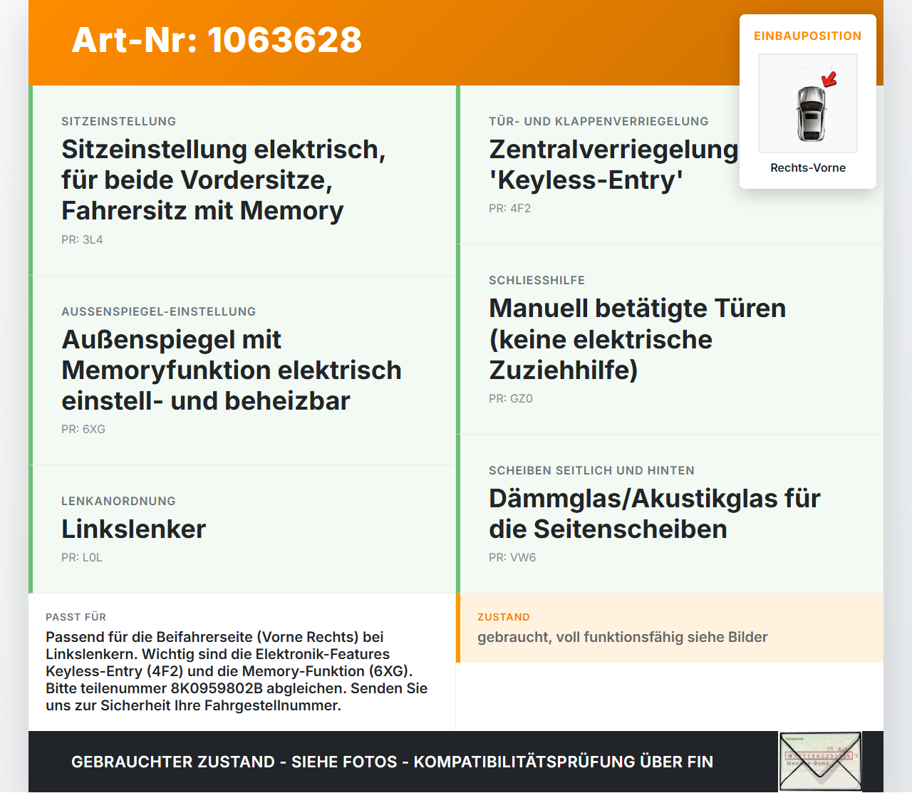 Audi A6 4G C7 11-14 qu Kombi Fensterhebermotor Vorne Rechts Audi A6 4G C7 11-14 qu 31.01.2012 8K0959802B... Vorschau 3