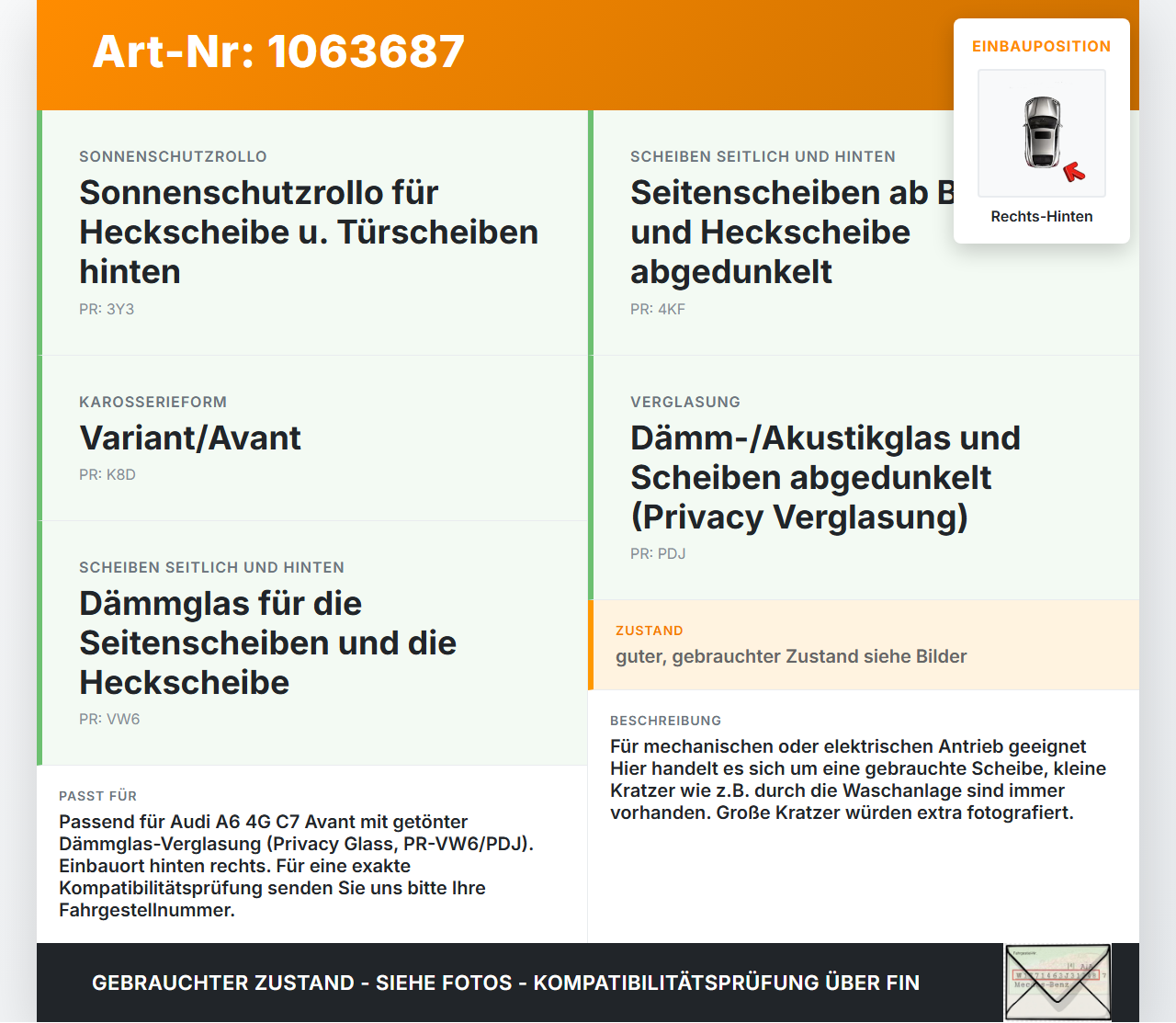 Audi A6 4G C7 11-14 qu Kombi RHK Seitenscheibe für Tür Türscheibe Rechts Hinten Orig. getönt Audi A6 4G C7 11-14 qu... Vorschau 3