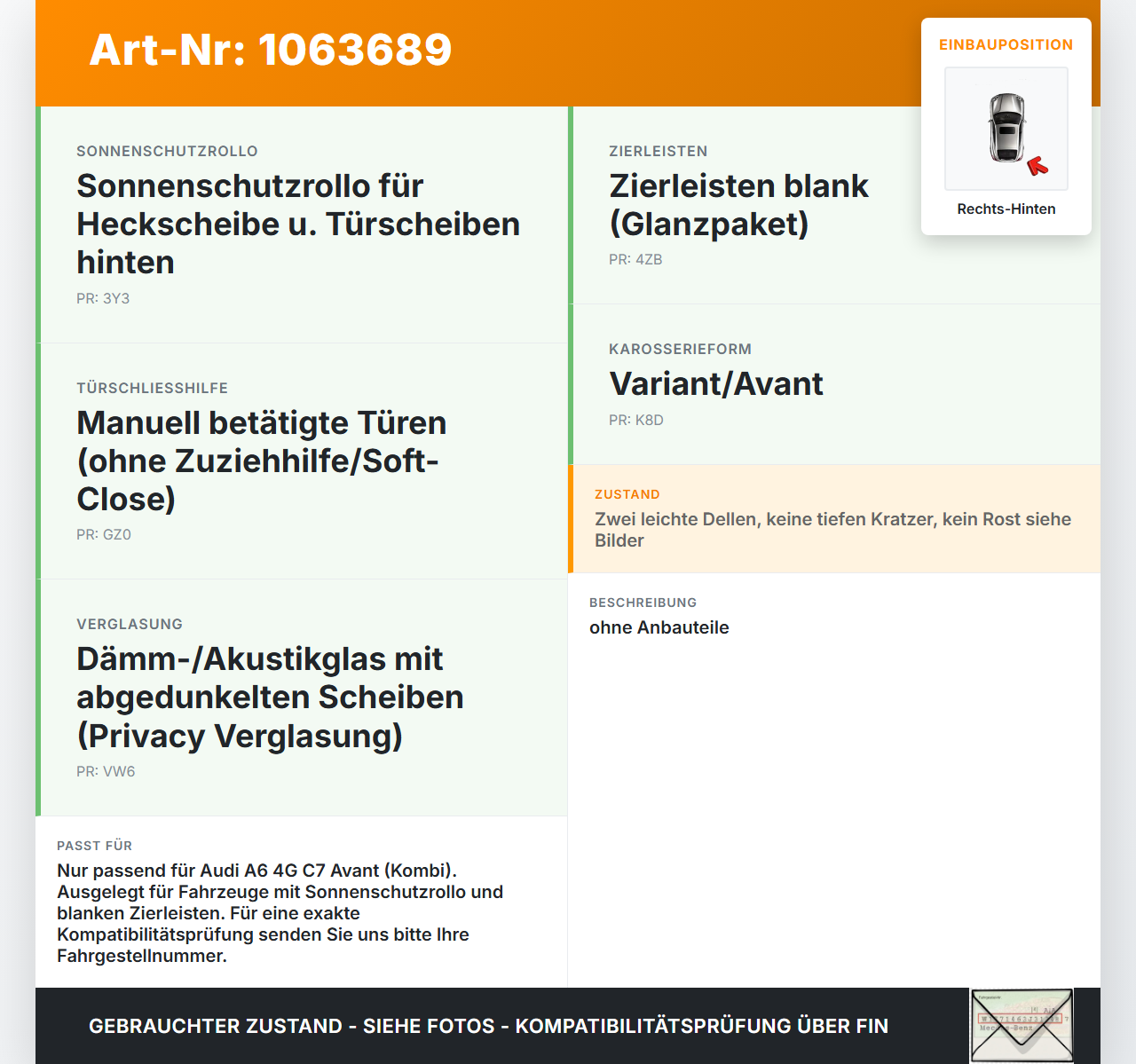 Audi A6 4G C7 11-14 qu Kombi Tür Rechts Hinten LY8X Audi A6 4G C7 11-14 qu 31.01.2012 4G9833052 gebraucht Vorschau 3