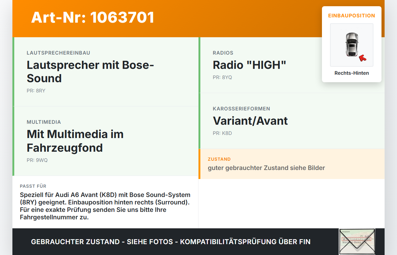 Audi A6 4G C7 11-14 qu Kombi Lautsprecher Hochtöner Rechts Hinten Audi A6 4G C7 11-14 qu 31.01.2012 4G9035402... Vorschau 3