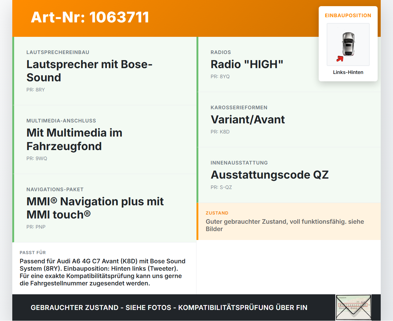 Audi A6 4G C7 11-14 qu Lautsprecher Hochtöner Links Hinten Audi A6 4G C7 11-14 qu 31.01.2012 4G9035402 324188-0010... Vorschau 3