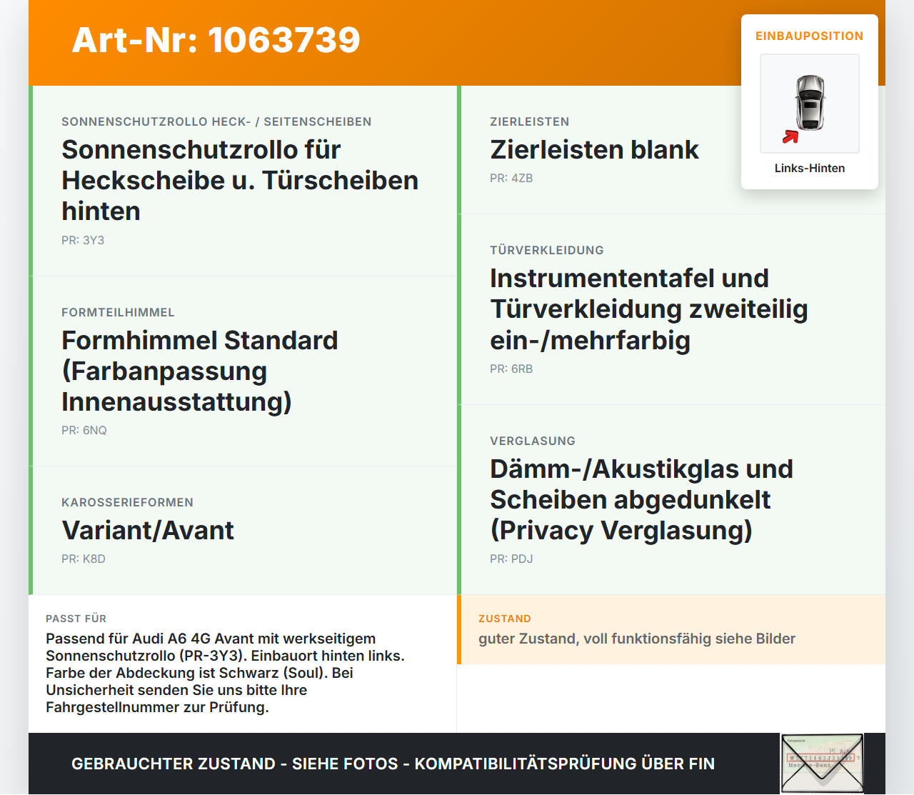 Audi A6 4G C7 11-14 qu Sonnenschutzrollo Rollo für Tür Links Hinten Audi A6 4G C7 11-14 qu 31.01.2012 4G0860379... Vorschau 3