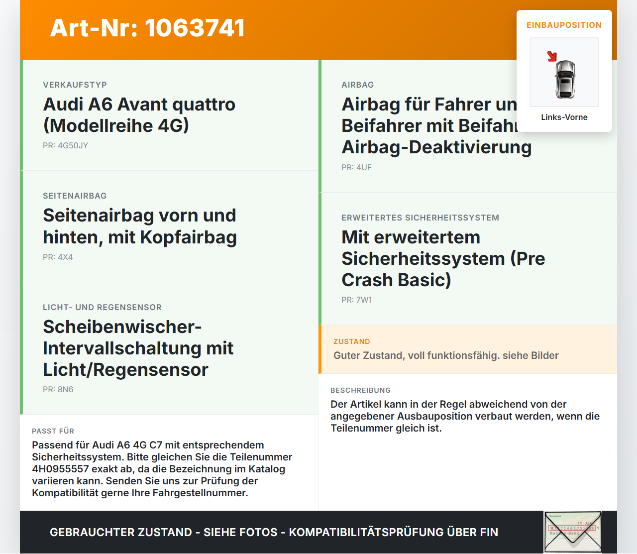 Audi A6 4G C7 11-14 qu Sensor für Airbag Crashsensor Airbagsensor Links Vorne Audi A6 4G C7 11-14 qu 31.01.2012... Vorschau 3