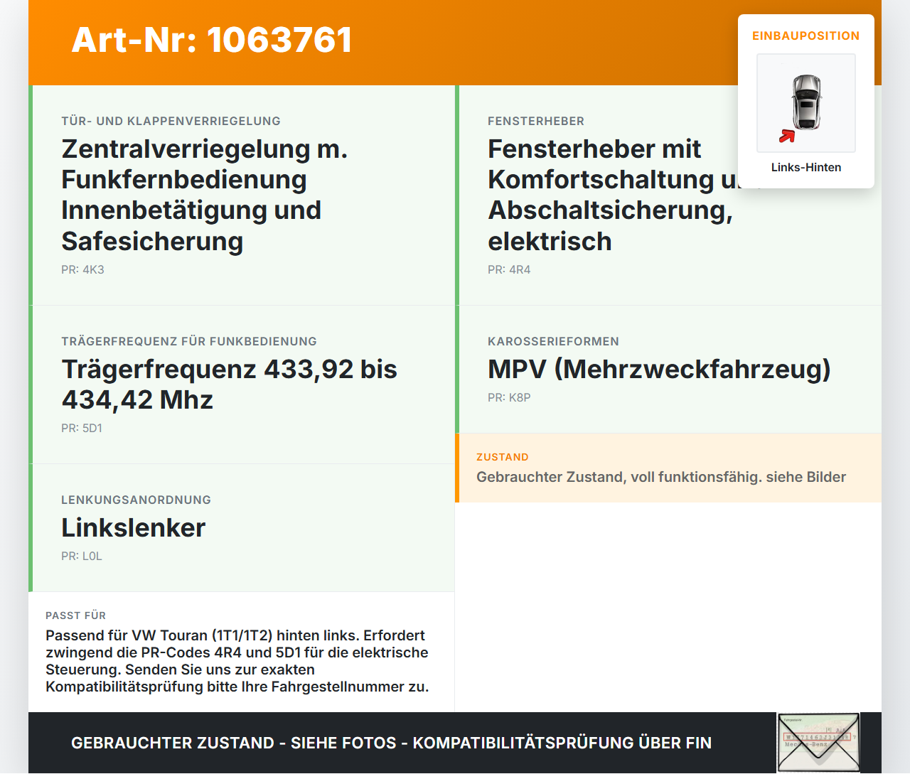 VW Touran 1T 06-10 Fensterhebermotor Links Hinten VW Touran 1T 06-10 06.08.2007 1K0959433BT 1K0959703J 961769-335... Vorschau 3