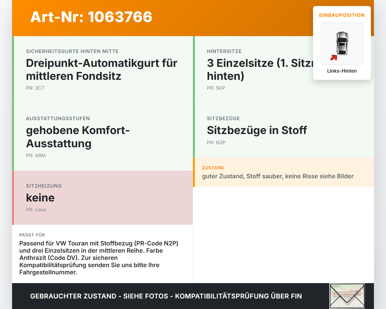 VW Touran 1T 06-10 Kopfstütze Links Hinten mittlere Reihe VW Touran 1T 06-10 06.08.2007 1T0883902L gebraucht Vorschau 3