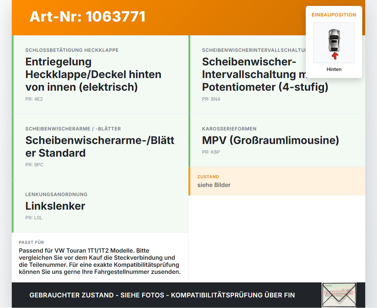 VW Touran 1T 06-10 Wischermotor Hinten Heckwischermotor VW Touran 1T 06-10 06.08.2007 1T0955711C 0390201598 gebraucht Vorschau 3