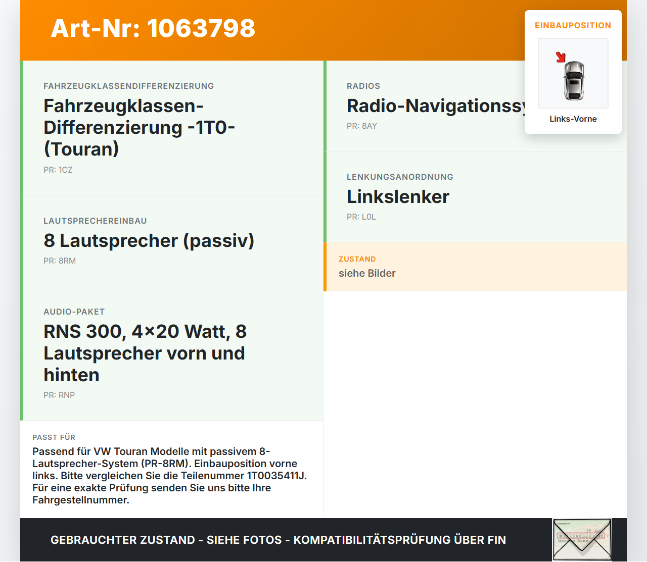 VW Touran 1T 06-10 Lautsprecher Links Vorne VW Touran 1T 06-10 06.08.2007 1T0035411J gebraucht Vorschau 3