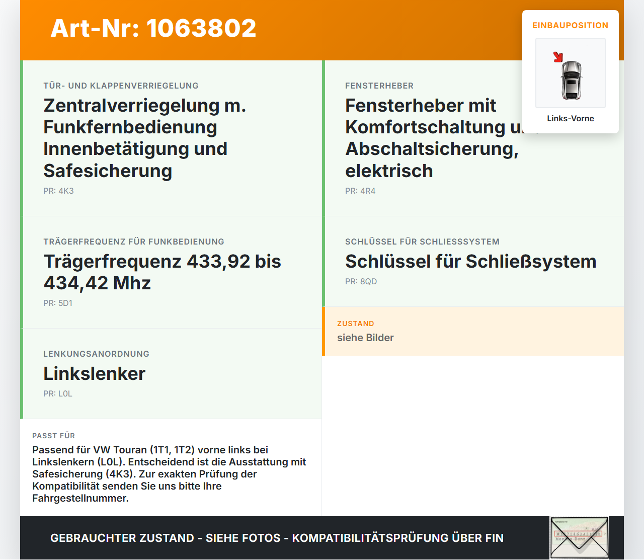 VW Touran 1T 06-10 Türschloss mit Stellmotor Vorne Links VW Touran 1T 06-10 06.08.2007 3D1837015AP gebraucht Vorschau 3